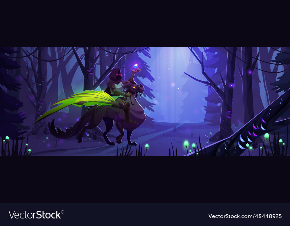 Mysterious knight riding griffin in night forest Vector Image