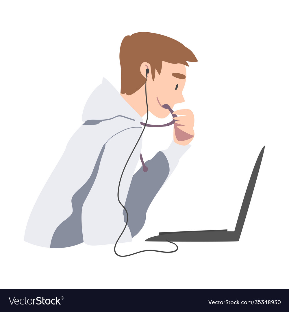 Man in headset doing live podcasts on his laptop