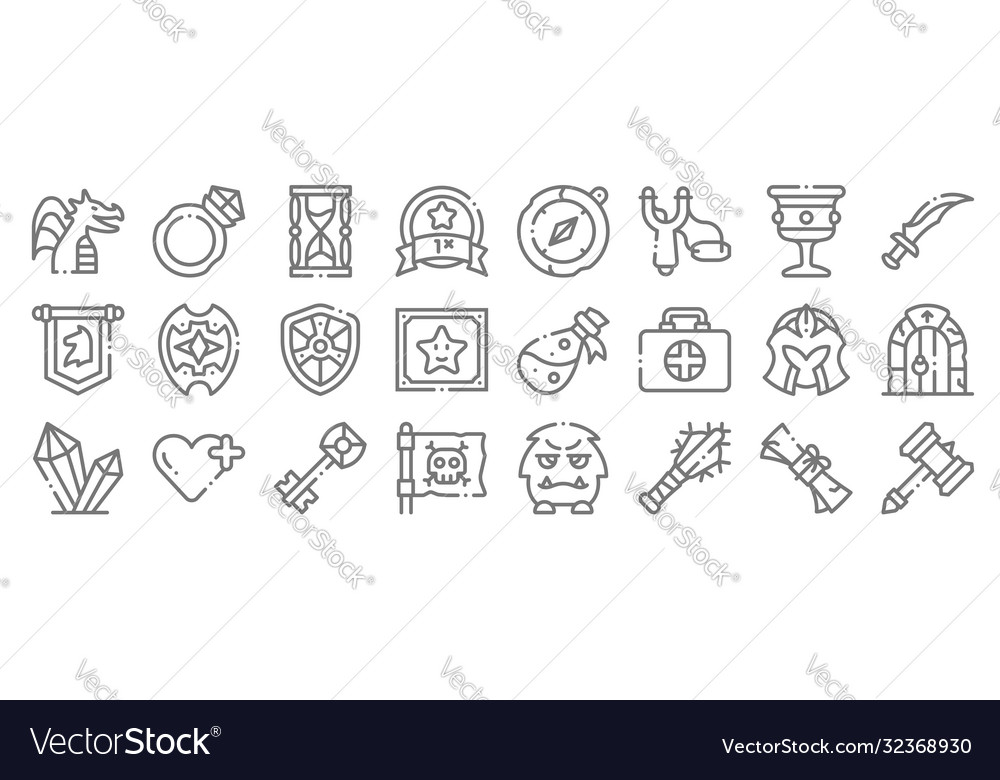 Videogame elements line icons linear set quality