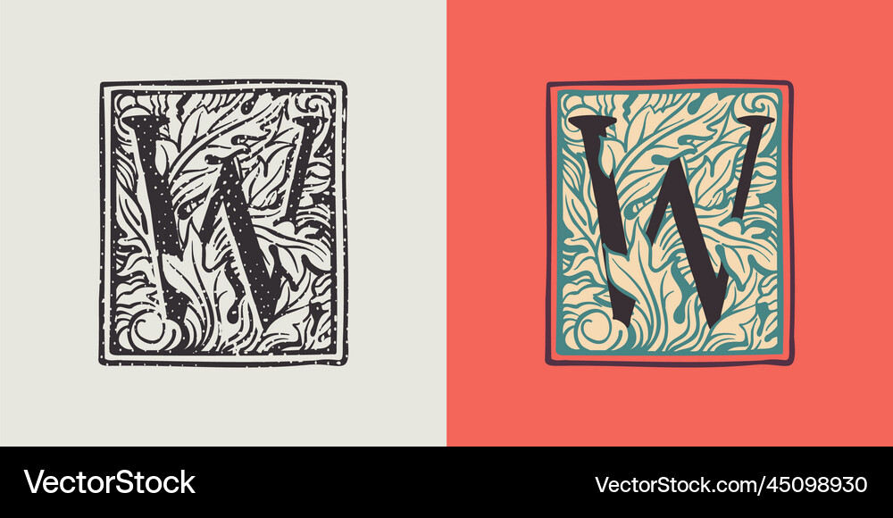 W letter drop cap logo in engraved medieval style Vector Image
