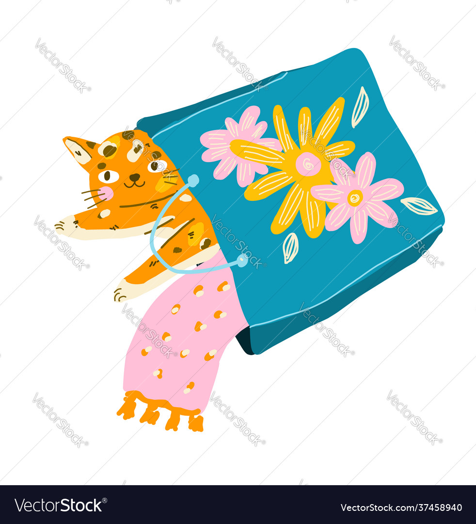 Funny cartoon cat inside shopping bag modern flat