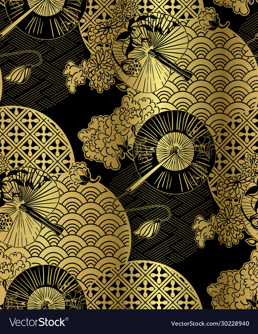 Fan seamless pattern. Chinese, Japanese style. Traditional golden