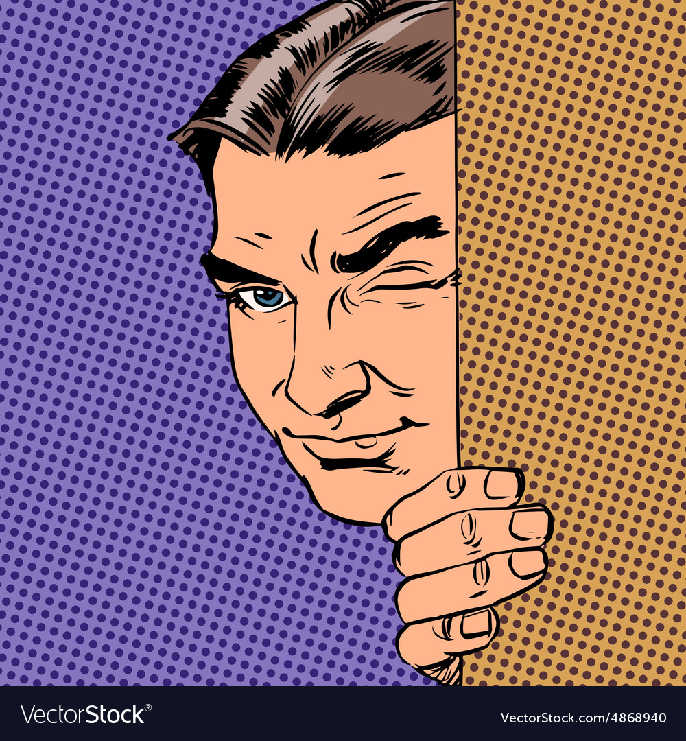 Man spy keeps peeking out from behind wall Vector Image
