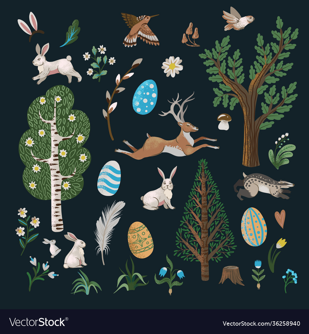 Rustic elements such as trees rabbits eggs vector image Rustic elements such as trees rabbits eggs