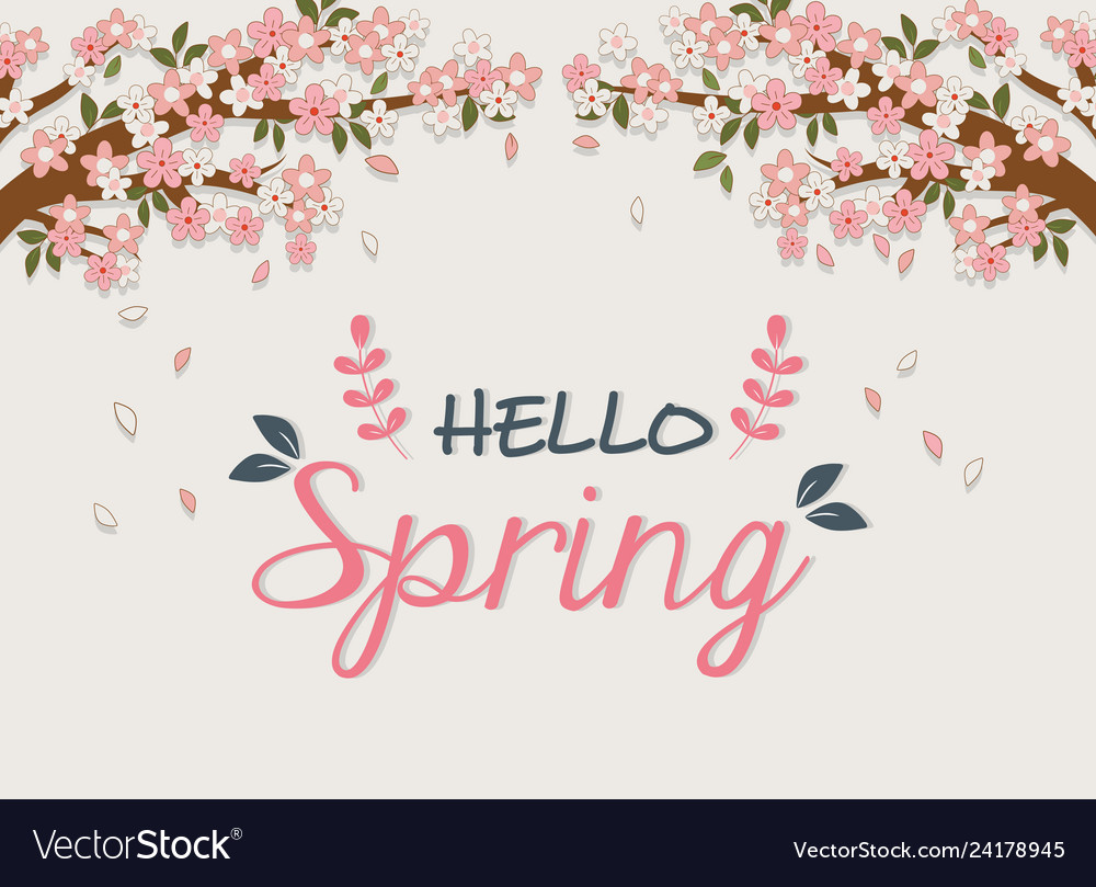 Hello spring label with tree branch and flowers