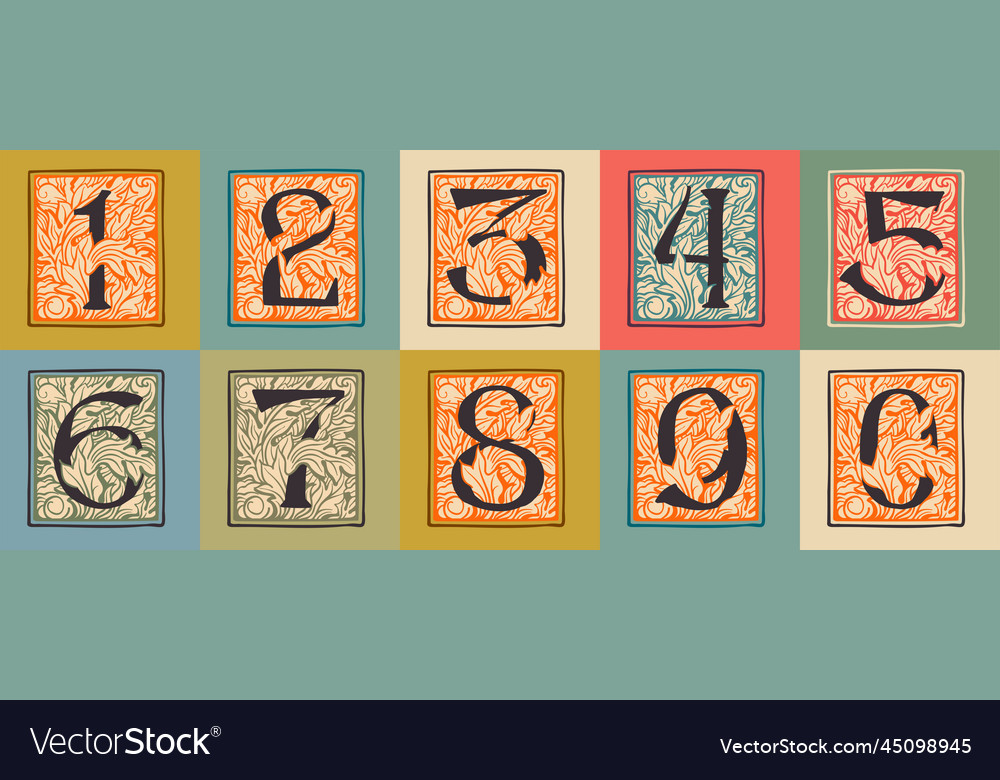 Numbers set drop caps in engraved medieval style