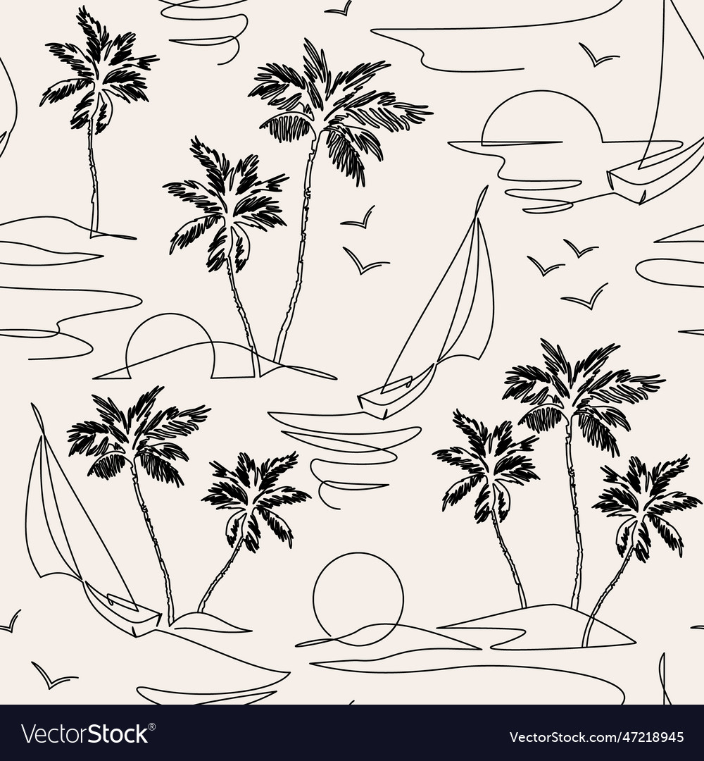 One line drawing tropical oasis island seamless