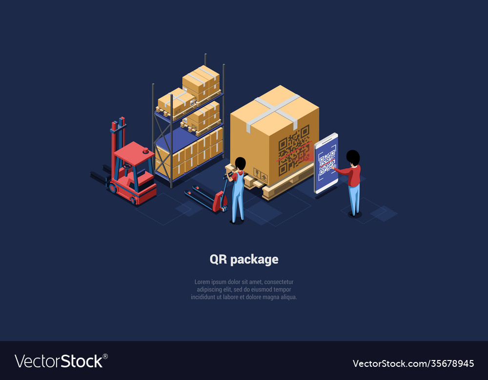 Warehouse with big boxes qr code package dark