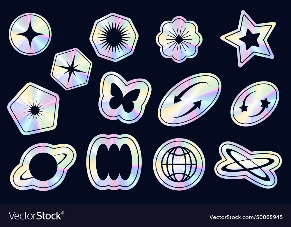 Y2k holographic stickers set retro gradient foil Vector Image