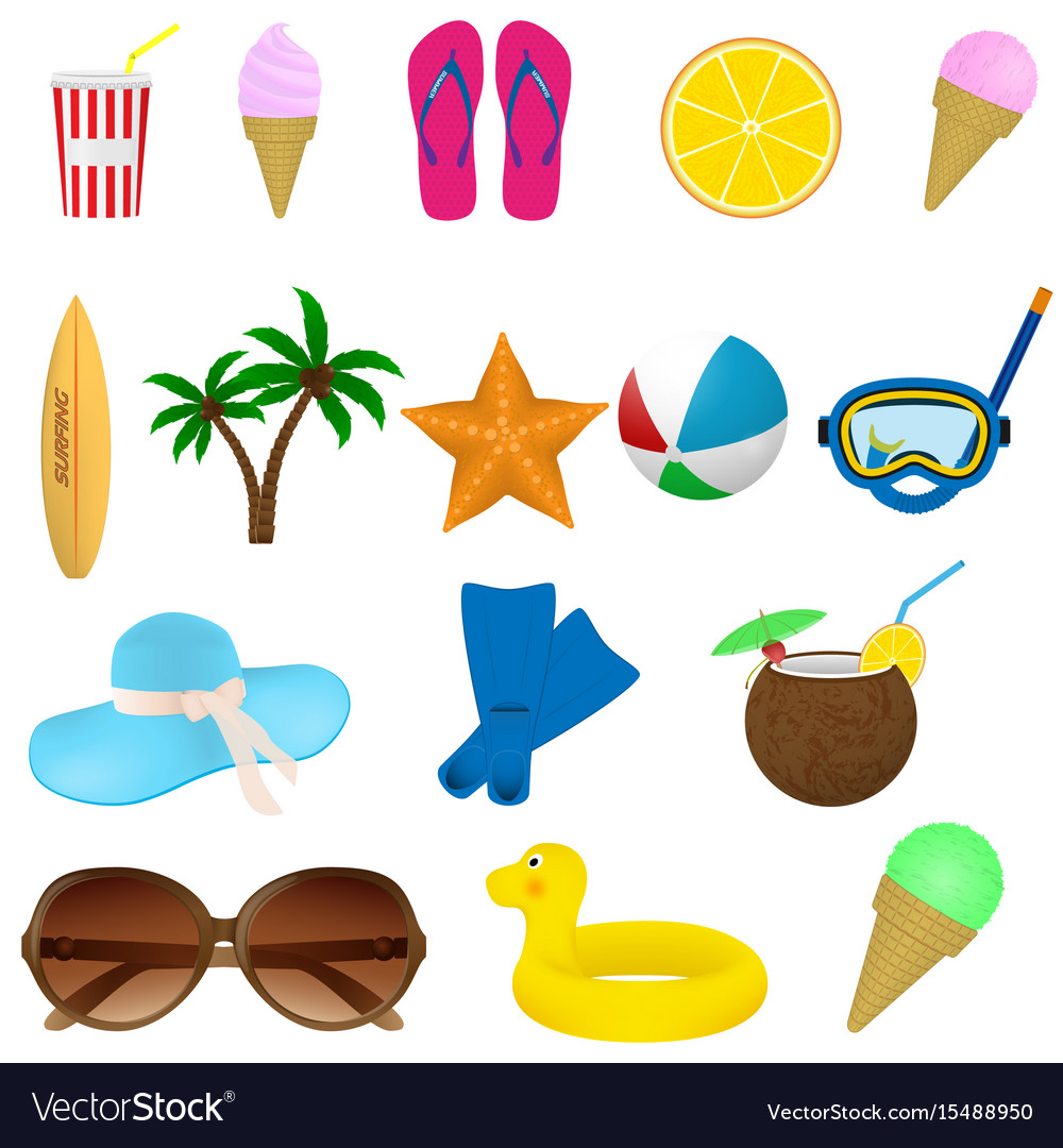 Set Summer Beach Items Diving Surfing And Vector Image 8167