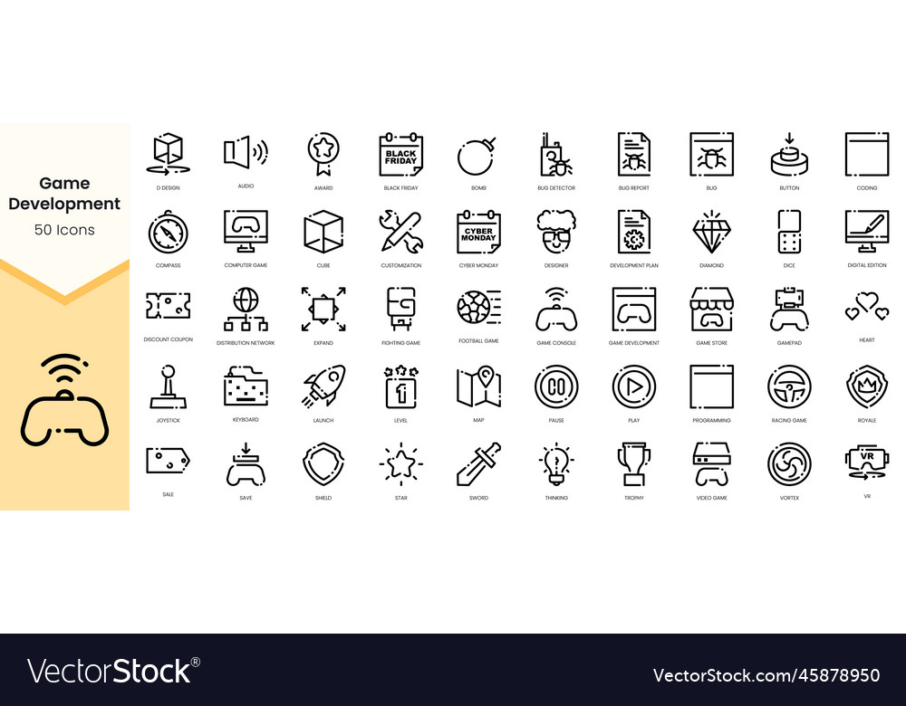 Simple outline set of game development icons