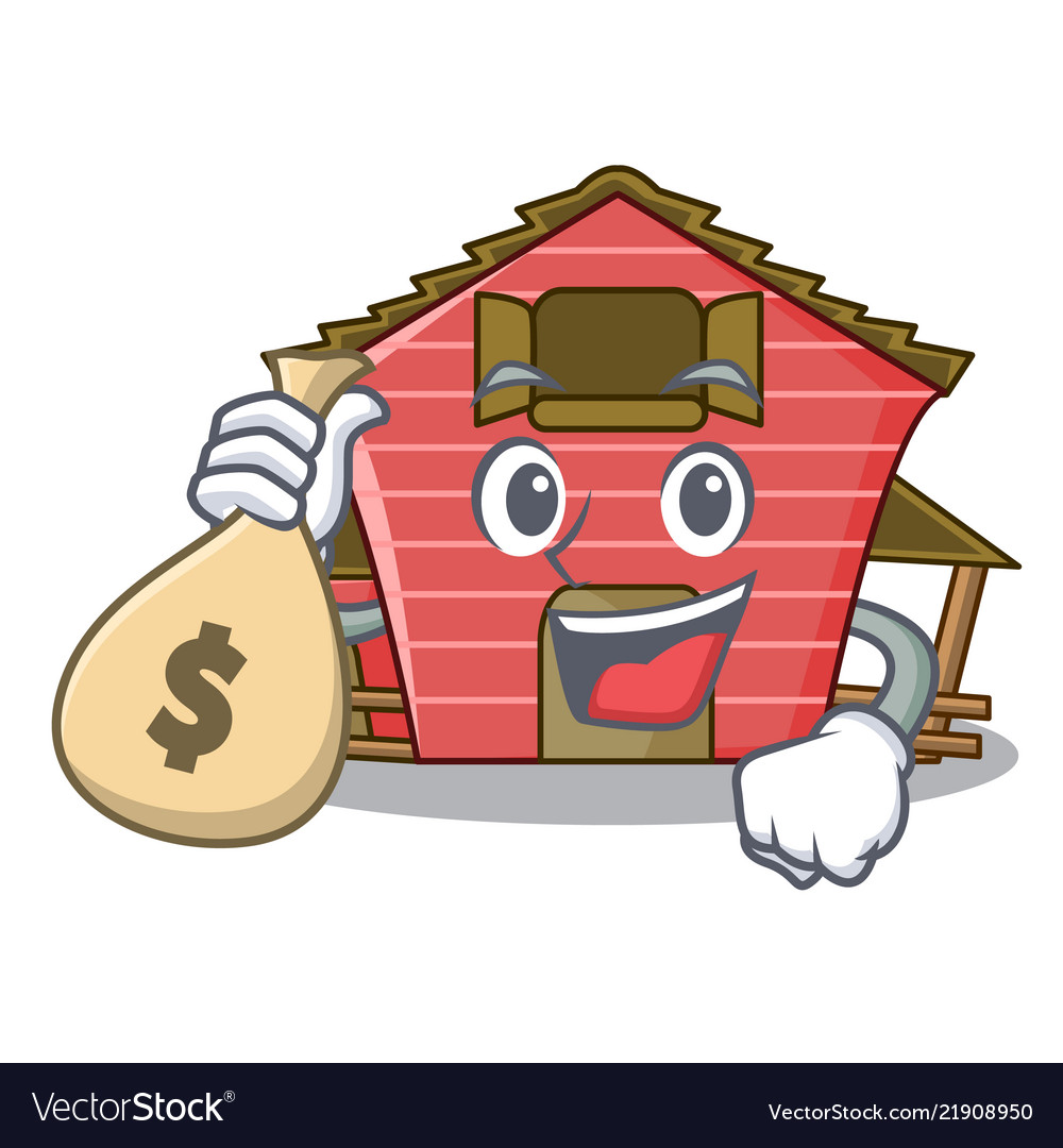 With money bag character red barn building