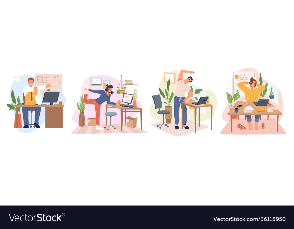 Workers stretching on working place break time Vector Image