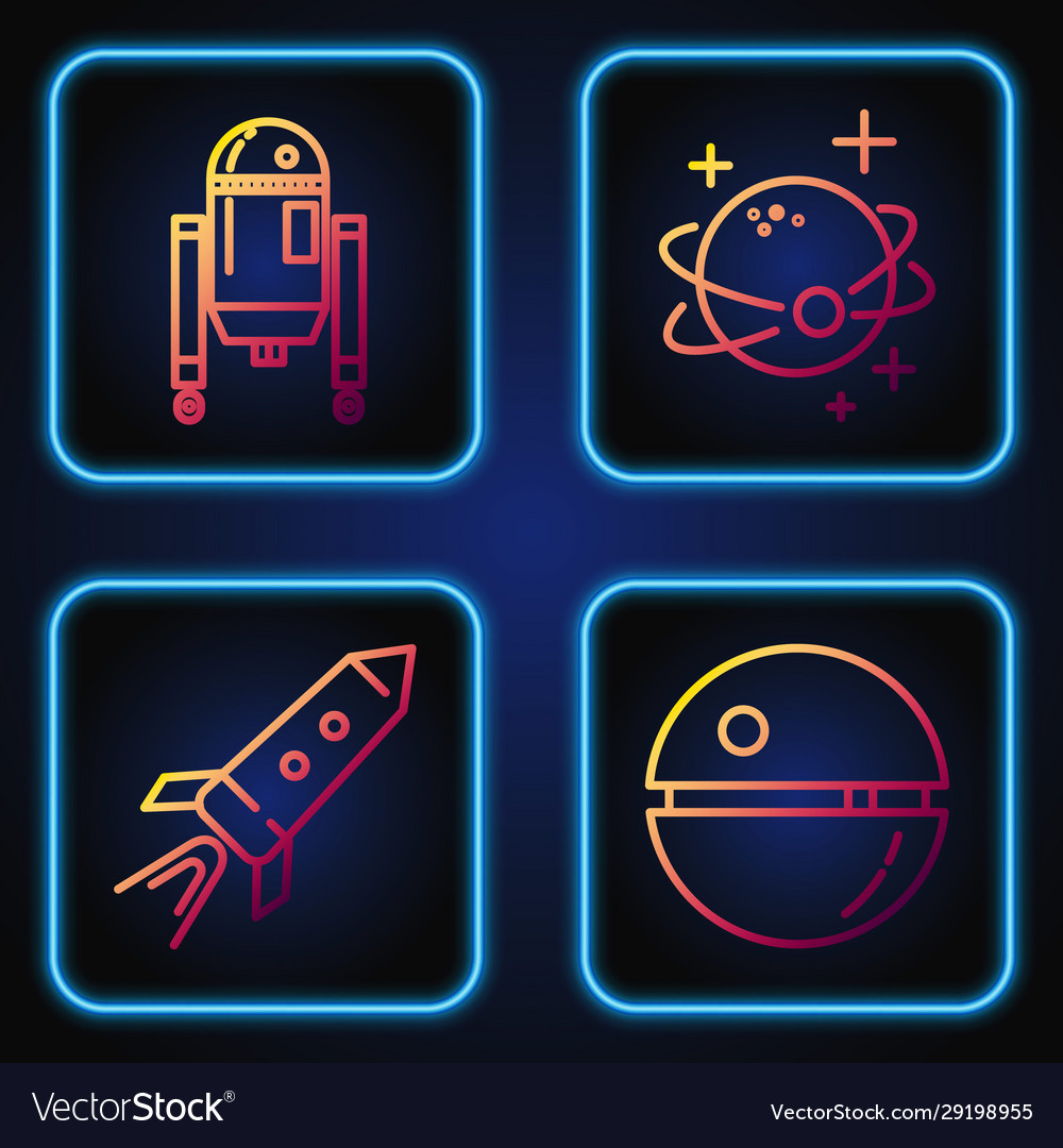 Set line death star rocket ship with fire robot