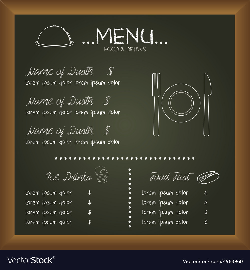 Colored menu design on a board with text and icons