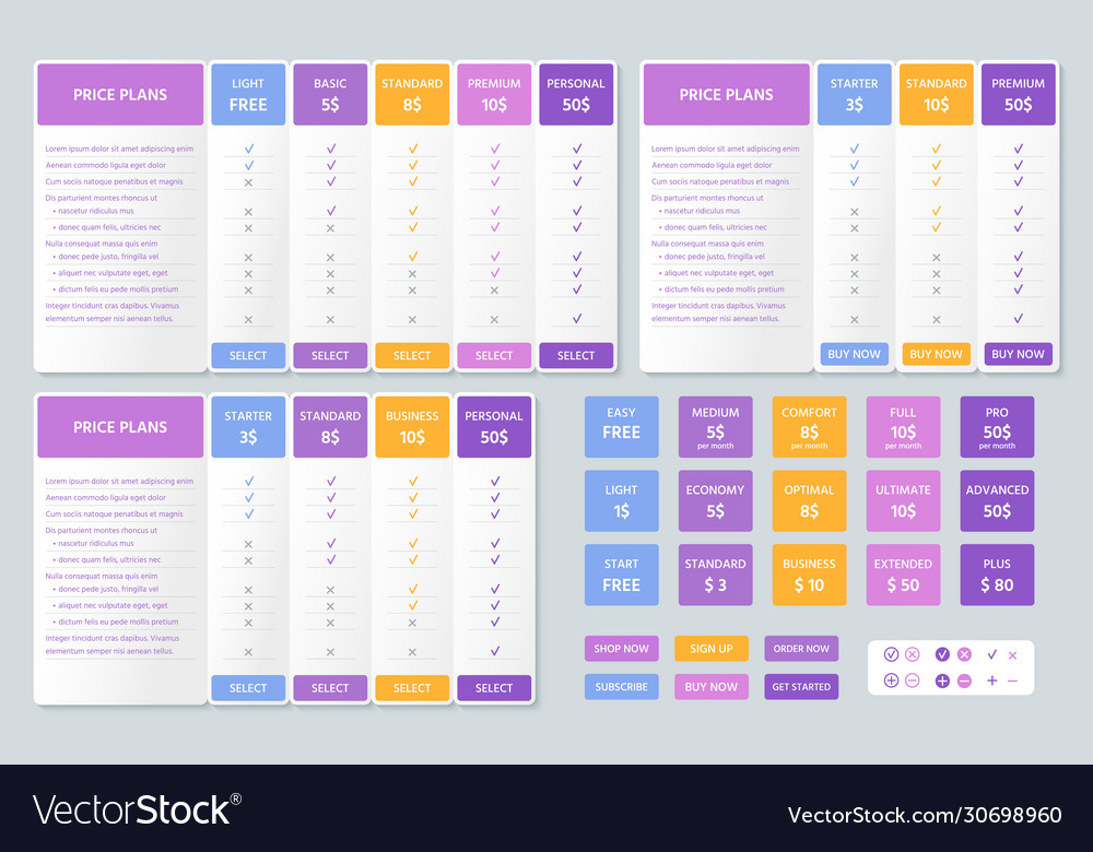 Comparison price table chart plan color template vector image Comparison price table chart plan color template