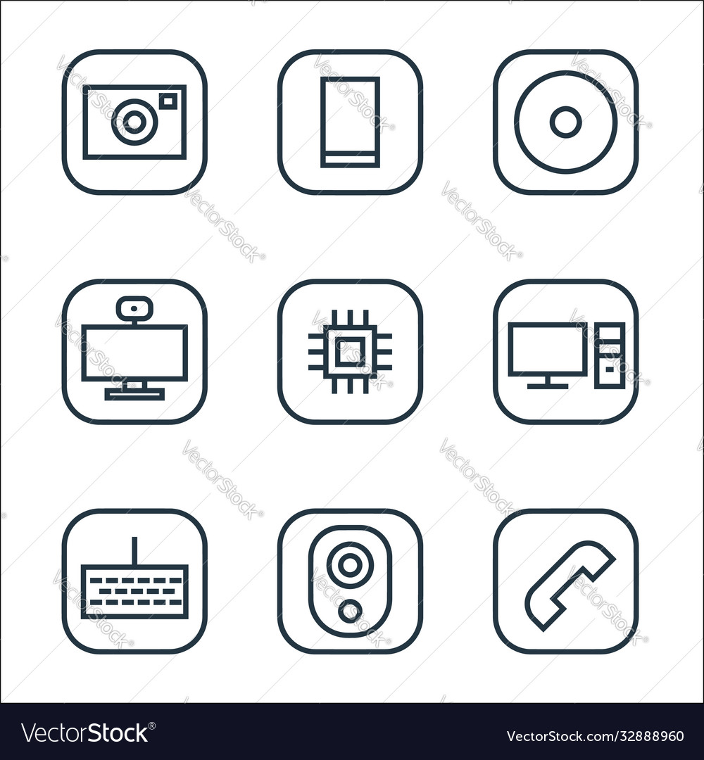 Hardware and gadgets line icons linear set vector image Hardware and gadgets line icons linear set