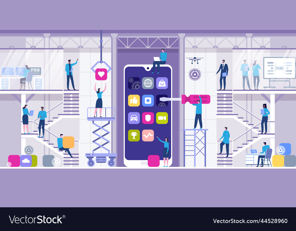 Mobile app development concept with characters