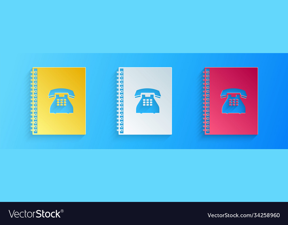 Paper cut phone book icon isolated on blue