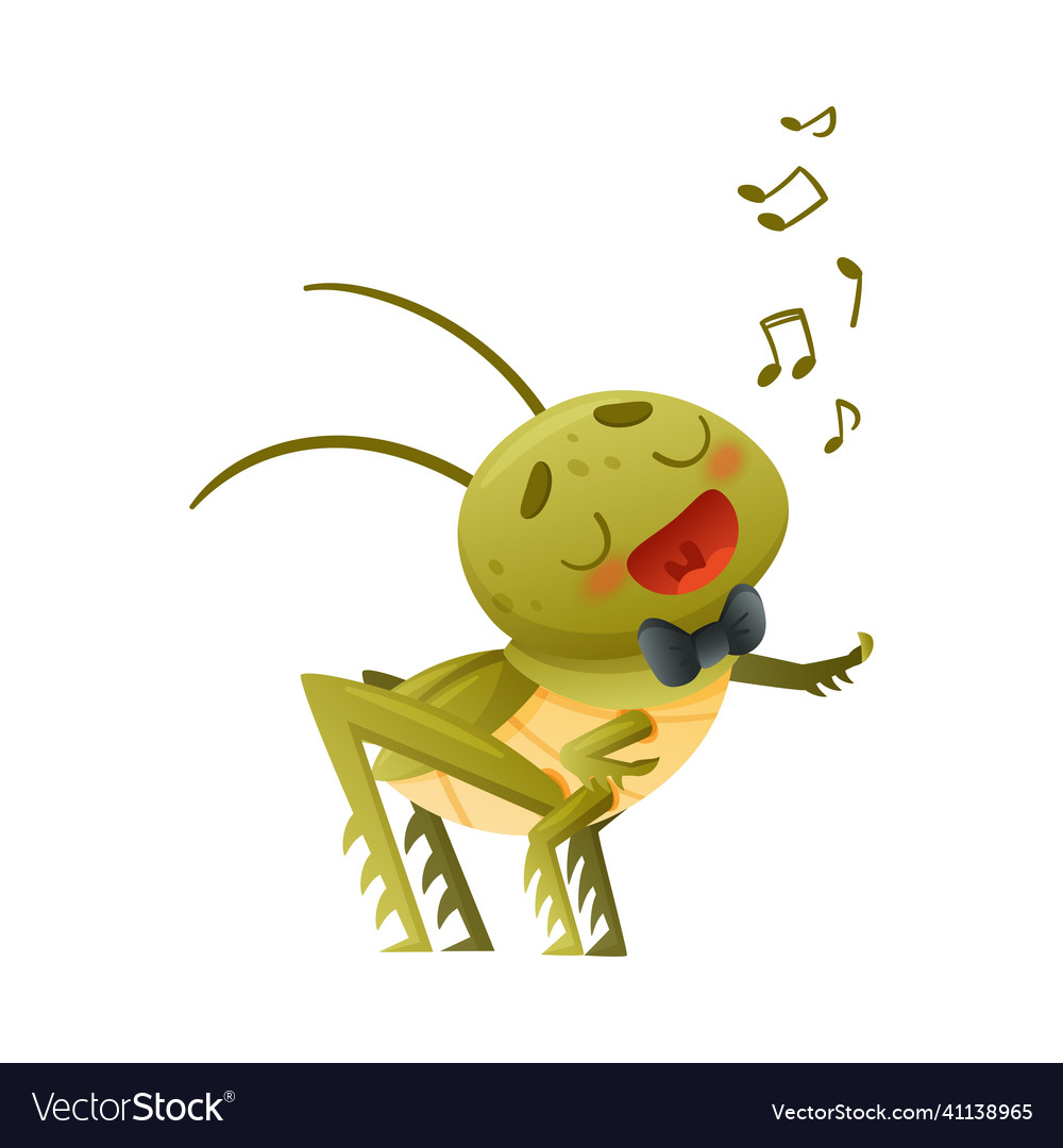 Cute green grasshopper in black bow tie singing