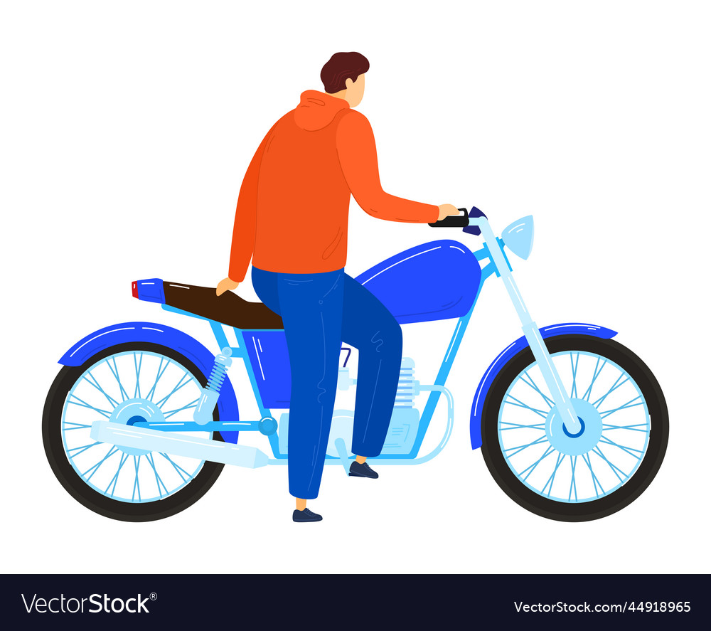 Man in helmet suit at motorbike isolated