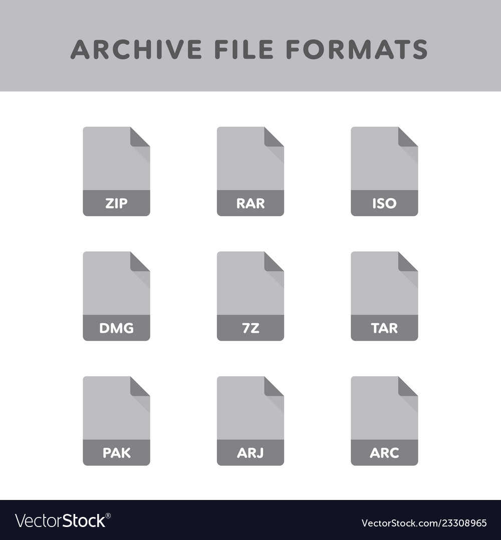 Set of archive file formats and labels in flat vector image Set of archive file formats and labels in flat