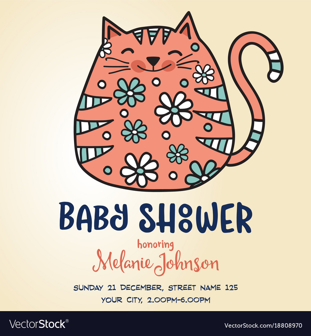 Baby shower card template with fat doodle cat