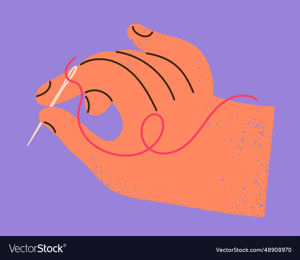 Hand holds the needle and thread and sews Vector Image