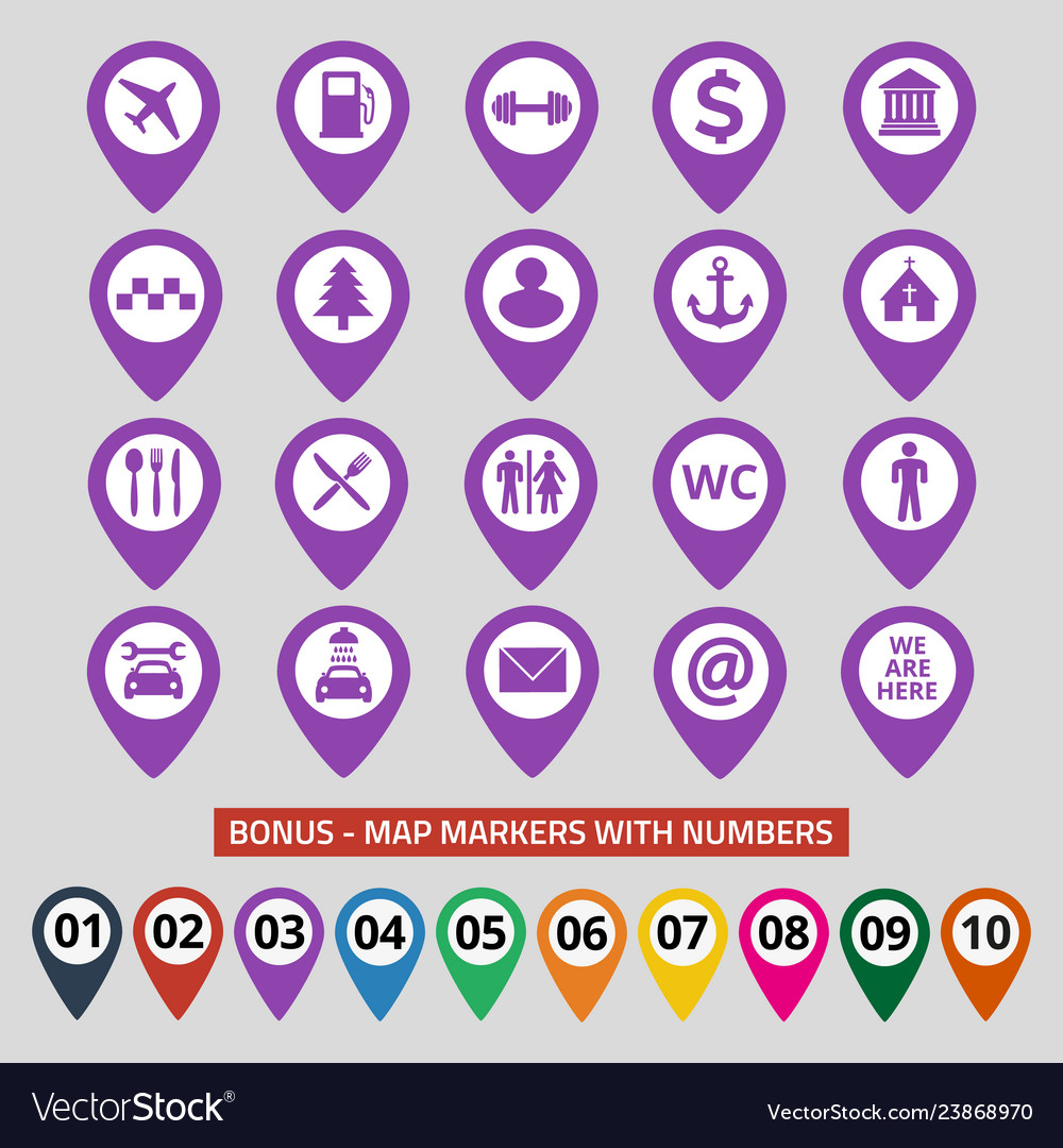 Map pin location icons set on gray background vector image Map pin location icons set on gray background