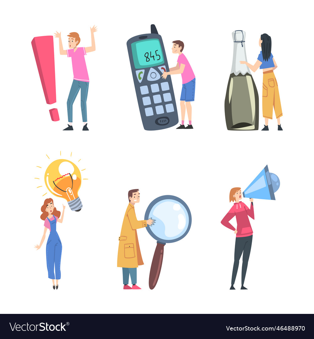 Tiny people characters holding huge objects vector image Tiny people characters holding huge objects