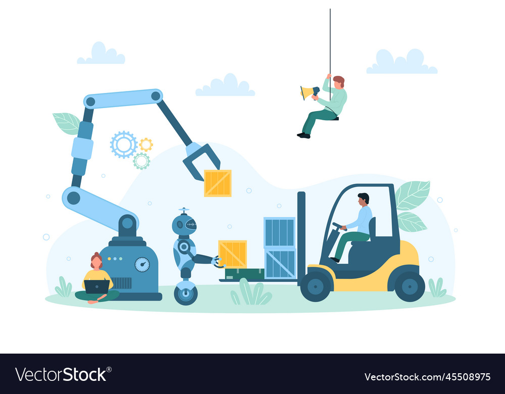 Automated factory warehouse with robots and ai vector image Automated factory warehouse with robots and ai