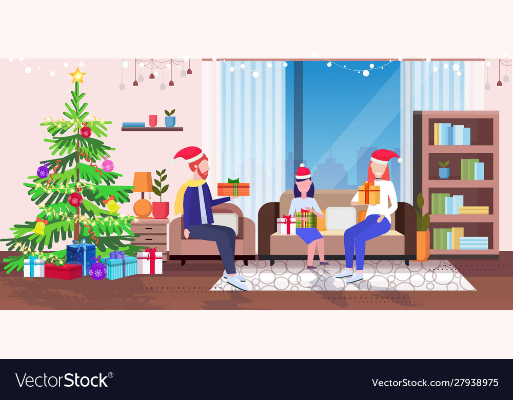 Happy family in santa sitting on couch near fir Vector Image