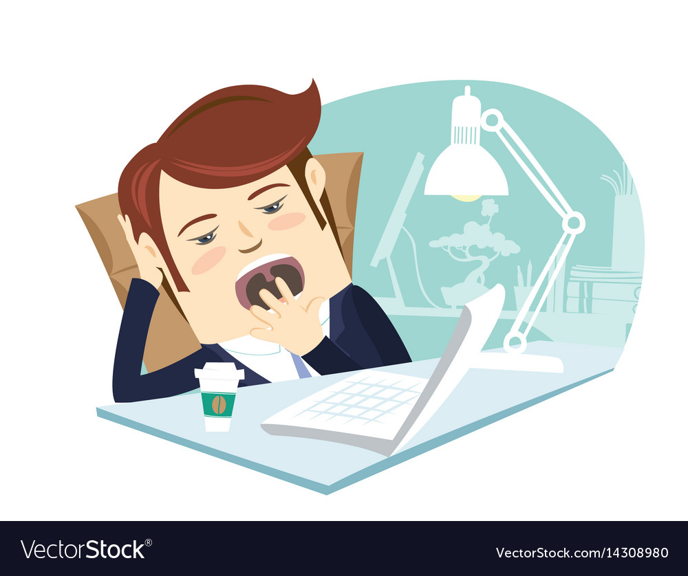 Funny business man yawning at his workplace flat