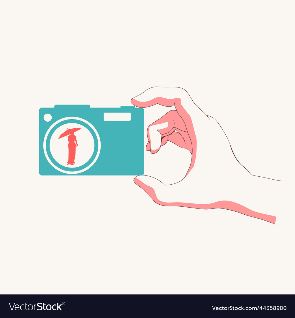 Hand holding photo camera icon with woman