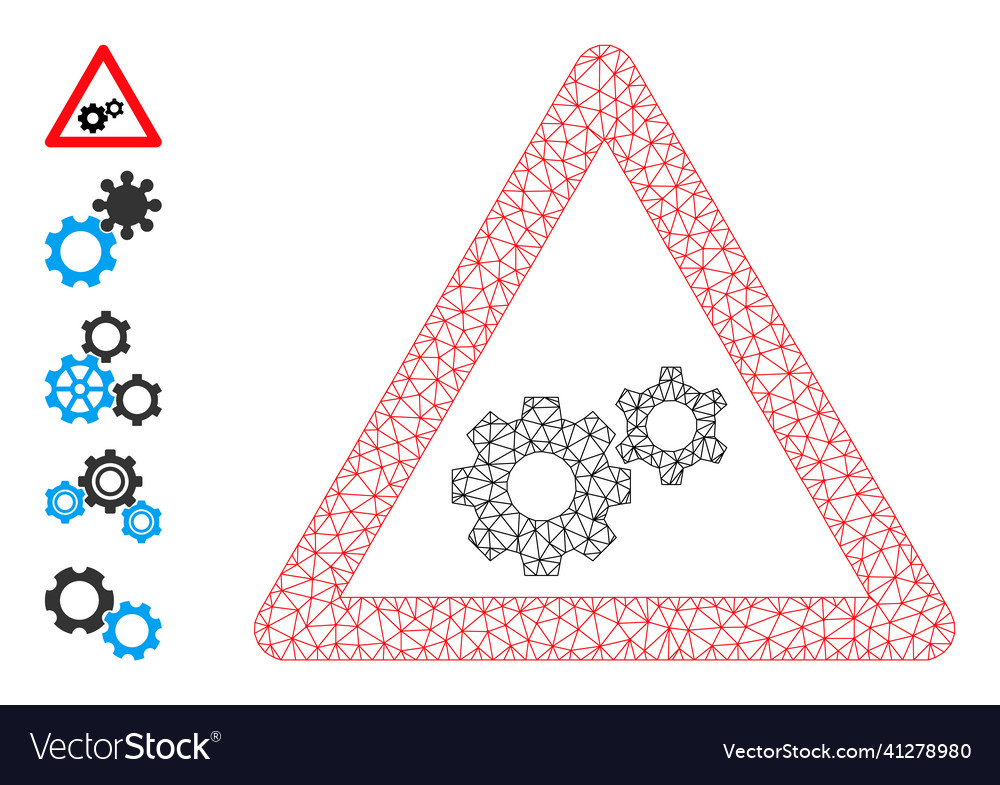 Mesh wireframe gears warning icon vector image Mesh wireframe gears warning icon