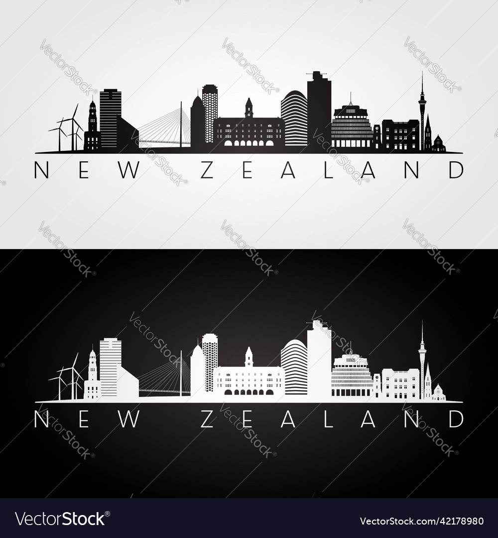 New zealand skyline and landmarks silhouette