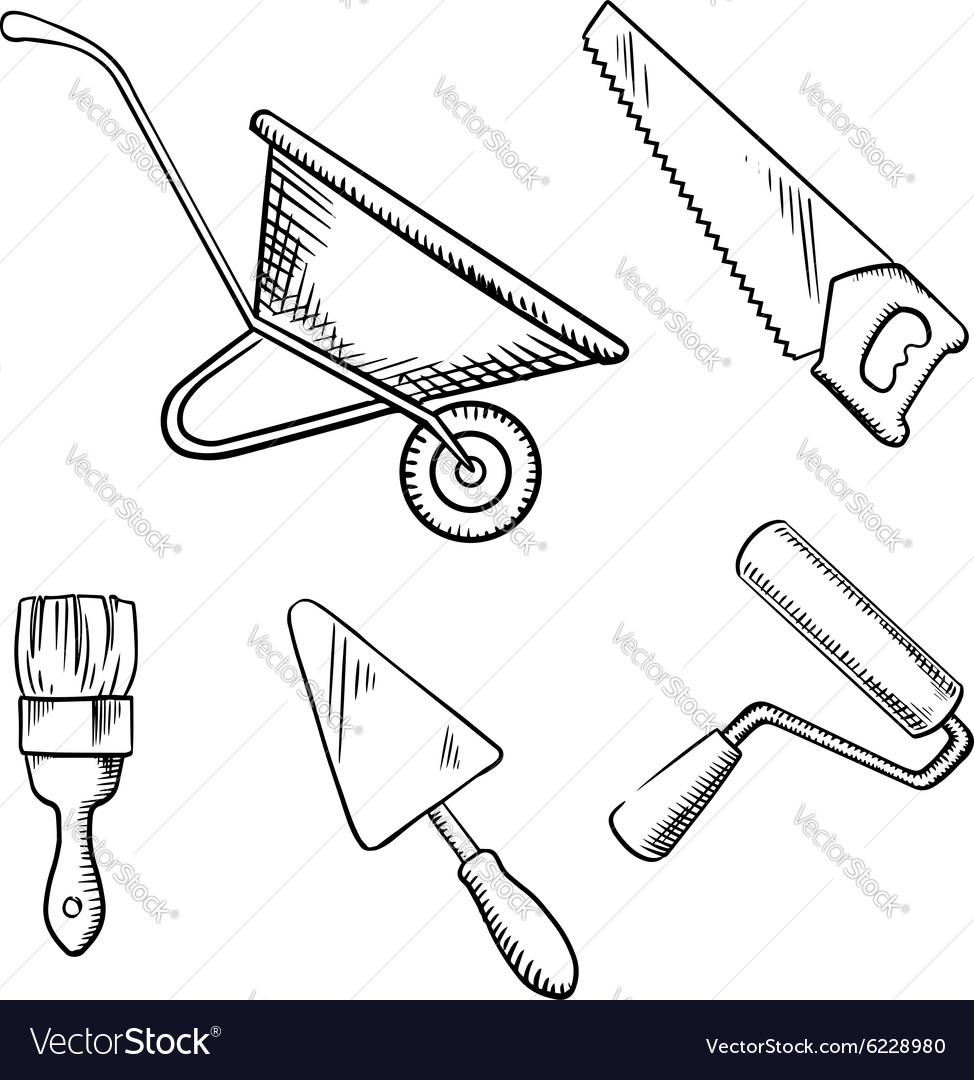 Saw Trowel Wheelbarrow Paint Brush And Roller Vector Image