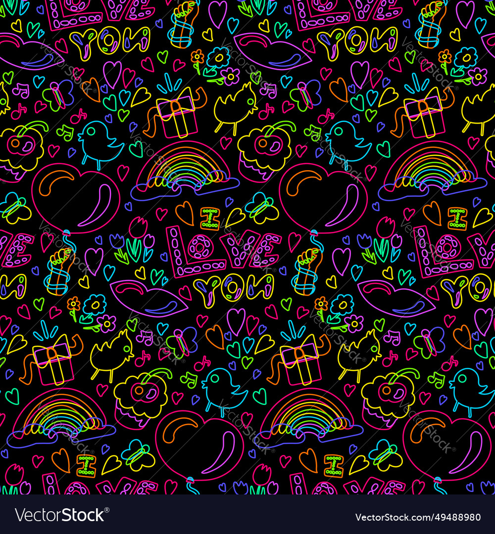 Valentine hand drawn neon seamless pattern