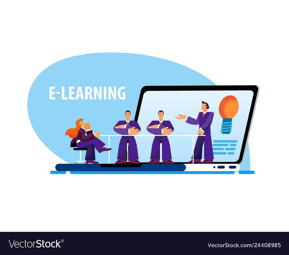 Flat banner e-learning laptop little man