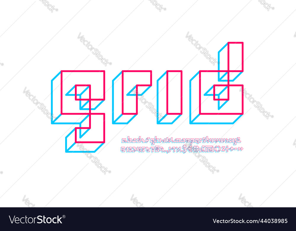 Pixel font 3d alphabet made in lines style vector image Pixel font 3d alphabet made in lines style