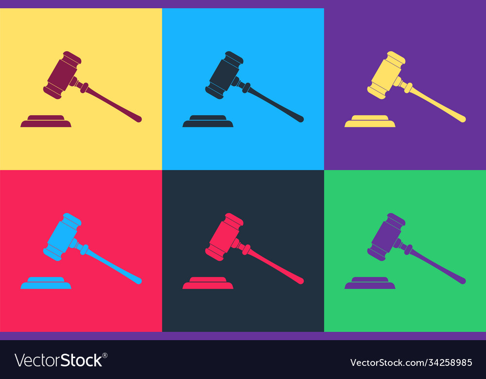 Pop art judge gavel icon isolated on color vector image Pop art judge gavel icon isolated on color