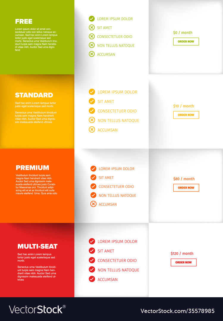 Products versions feature and price list table vector image Products versions feature and price list table