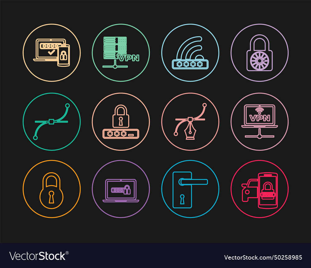 Set line smart car security system vpn computer vector image Set line smart car security system vpn computer
