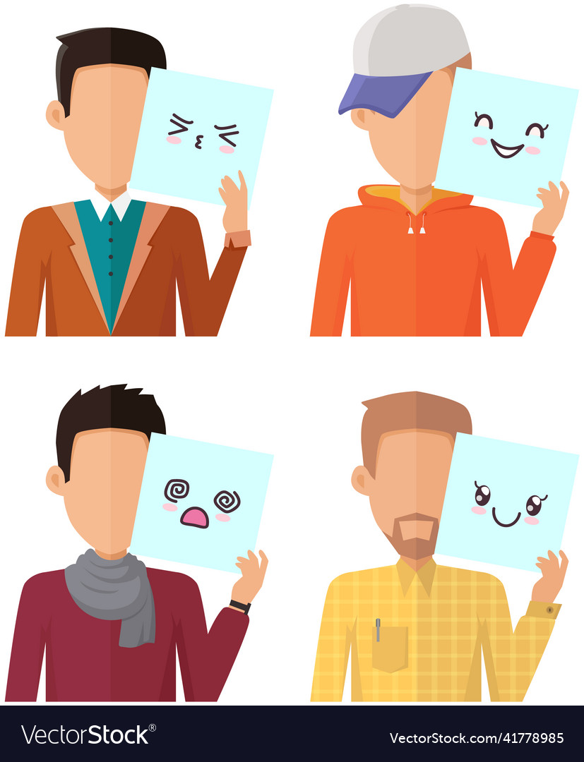 Set of people holding kawaii cute stickers men Vector Image