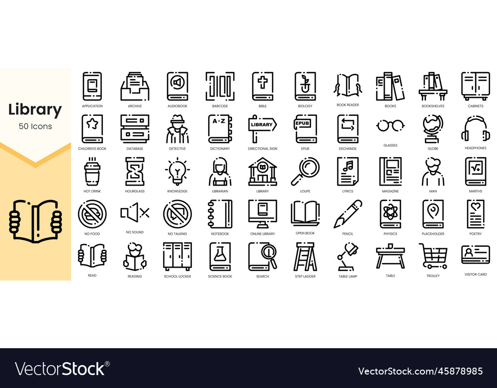 Simple outline set of library icons linear style vector image Simple outline set of library icons linear style