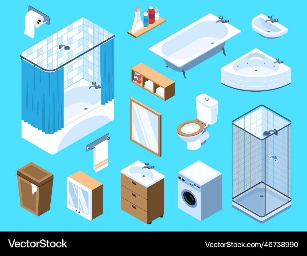 Bathroom interior isometric set Royalty Free Vector Image