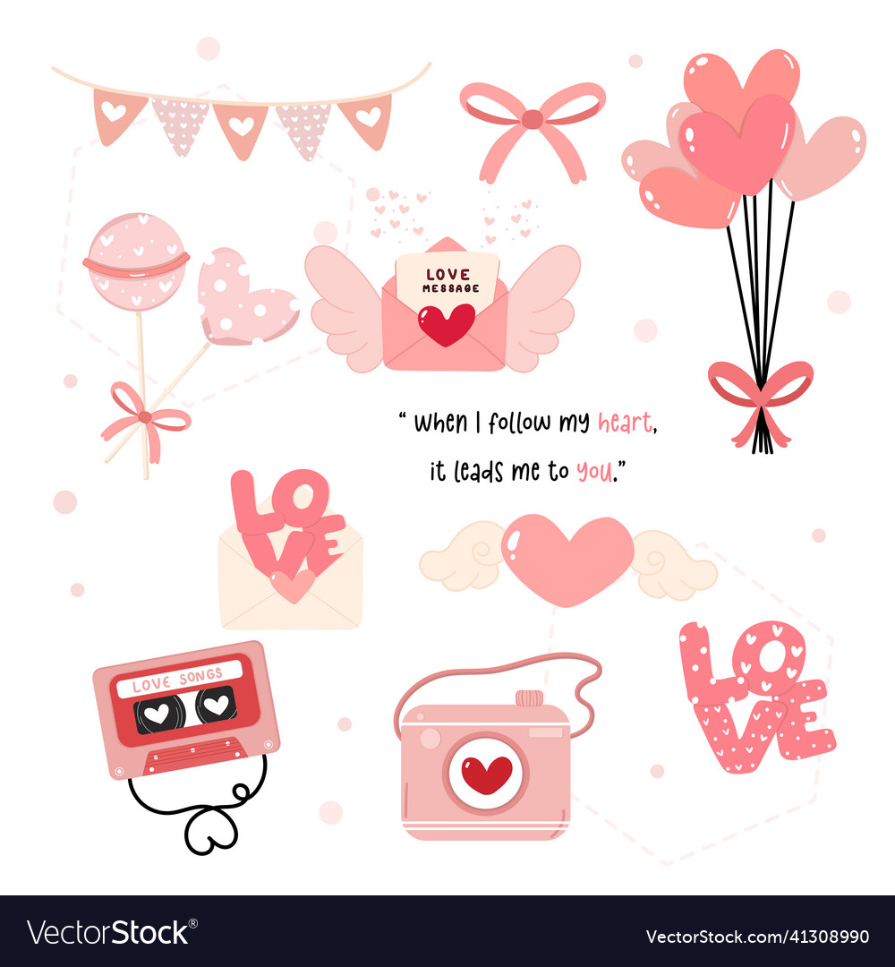 Cute love valentine day decoration elements vector image Cute love valentine day decoration elements