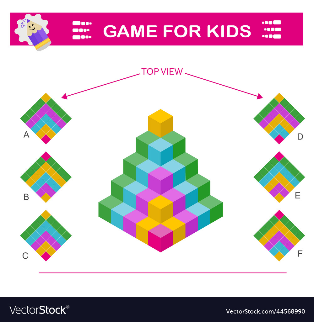 Logical puzzle game need to find correct top view vector image Logical puzzle game need to find correct top view