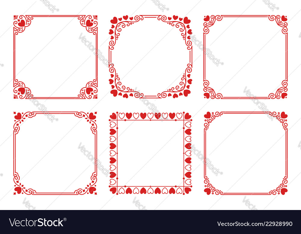 Set of square frames with hearts flourishes