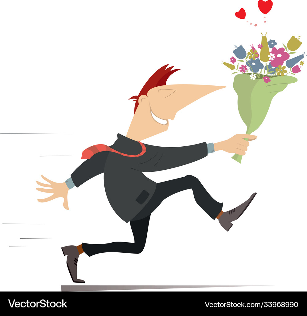 Smiling Running Man With A Bunch Flowers Vector Image